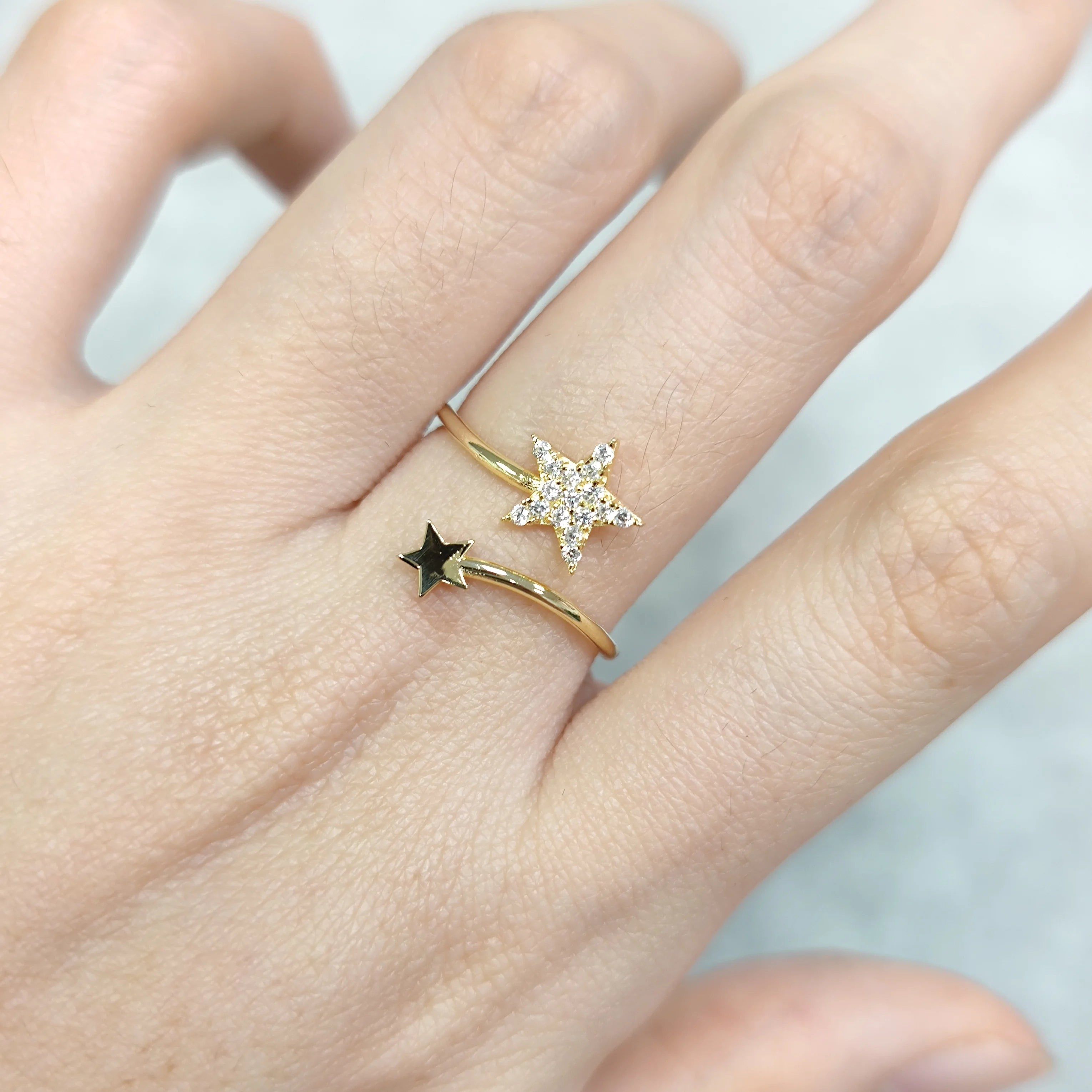 14K Gold Moissanite Star Ring Open Dual Star Ring for Her