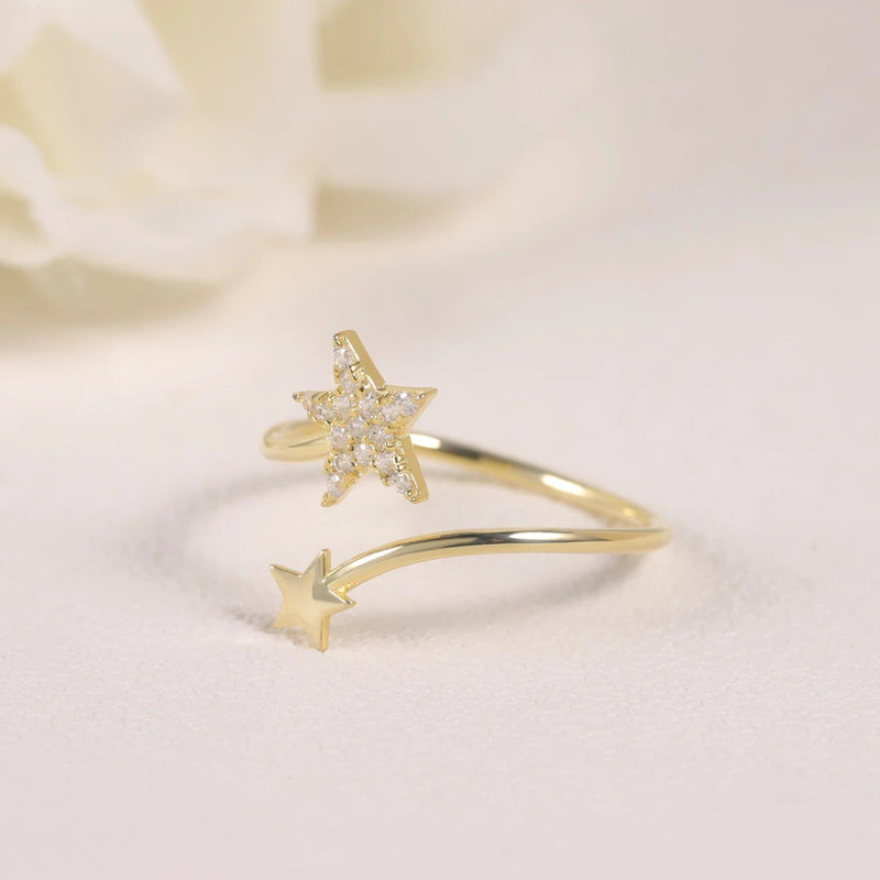 14K Gold Moissanite Star Ring Open Dual Star Ring for Her