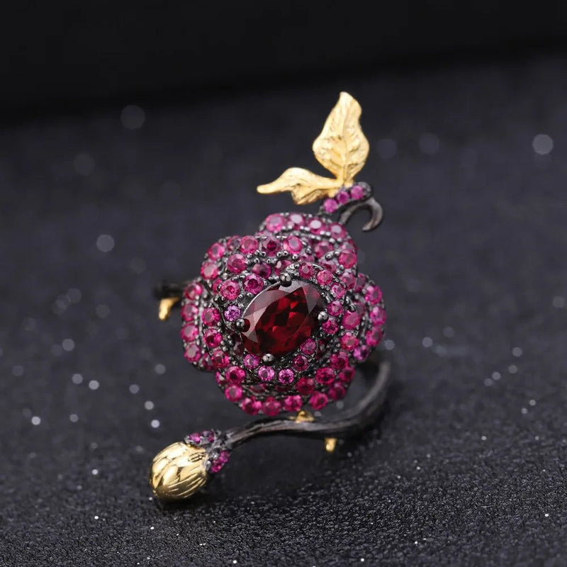 1.00Ct Natural Rhodolite Garnet Rose Flower Ring 925 Sterling Silver