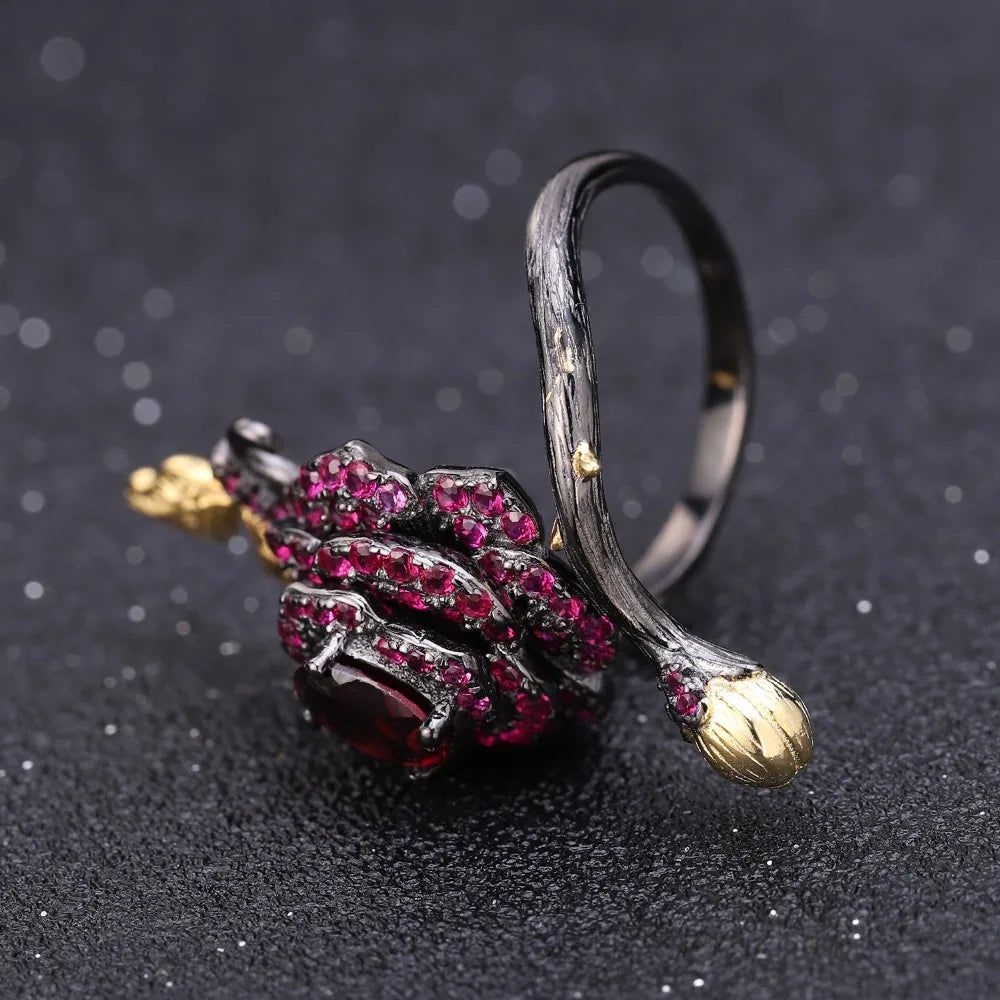 1.00Ct Natural Rhodolite Garnet Rose Flower Ring 925 Sterling Silver