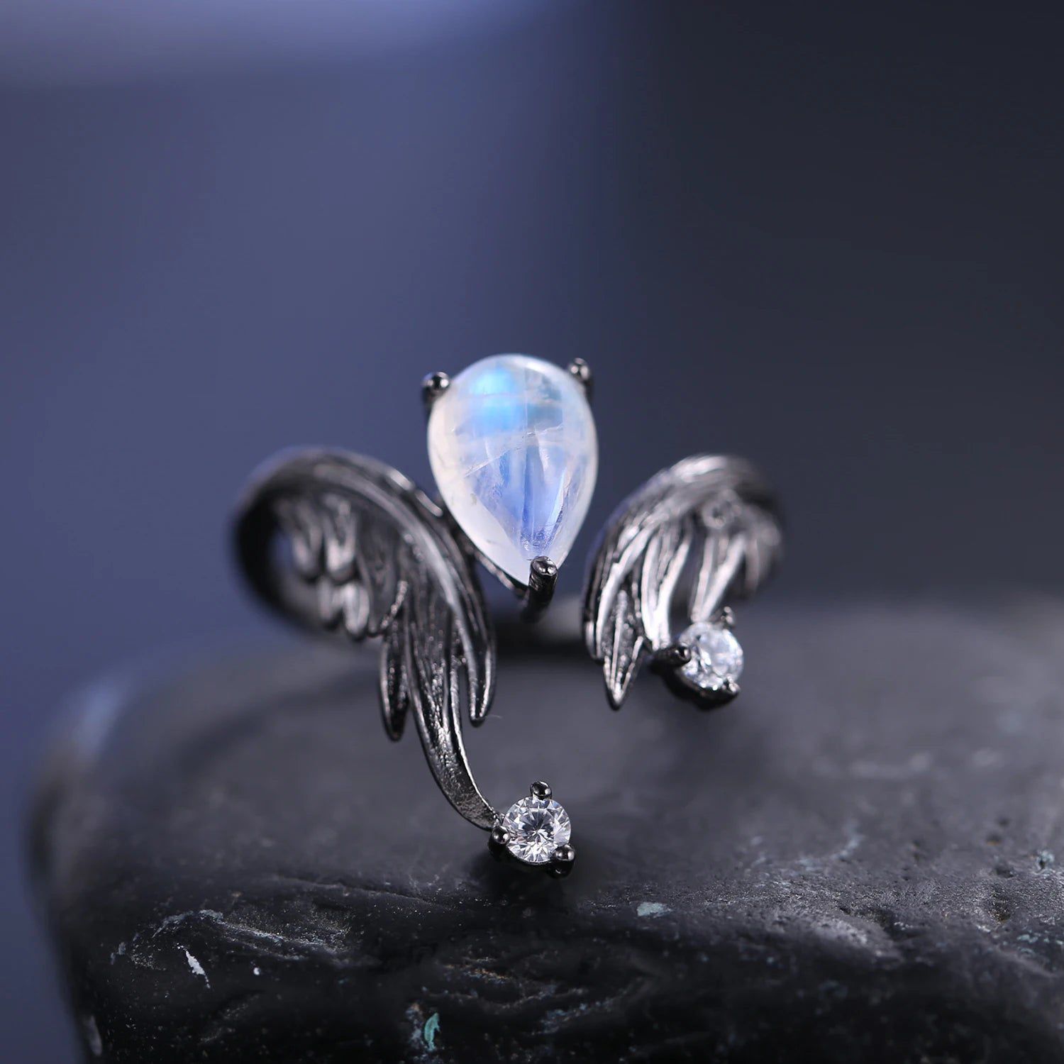 1.36Ct Milky Blue Moonstone Gemstone Ring 925 Silver Wing Ring