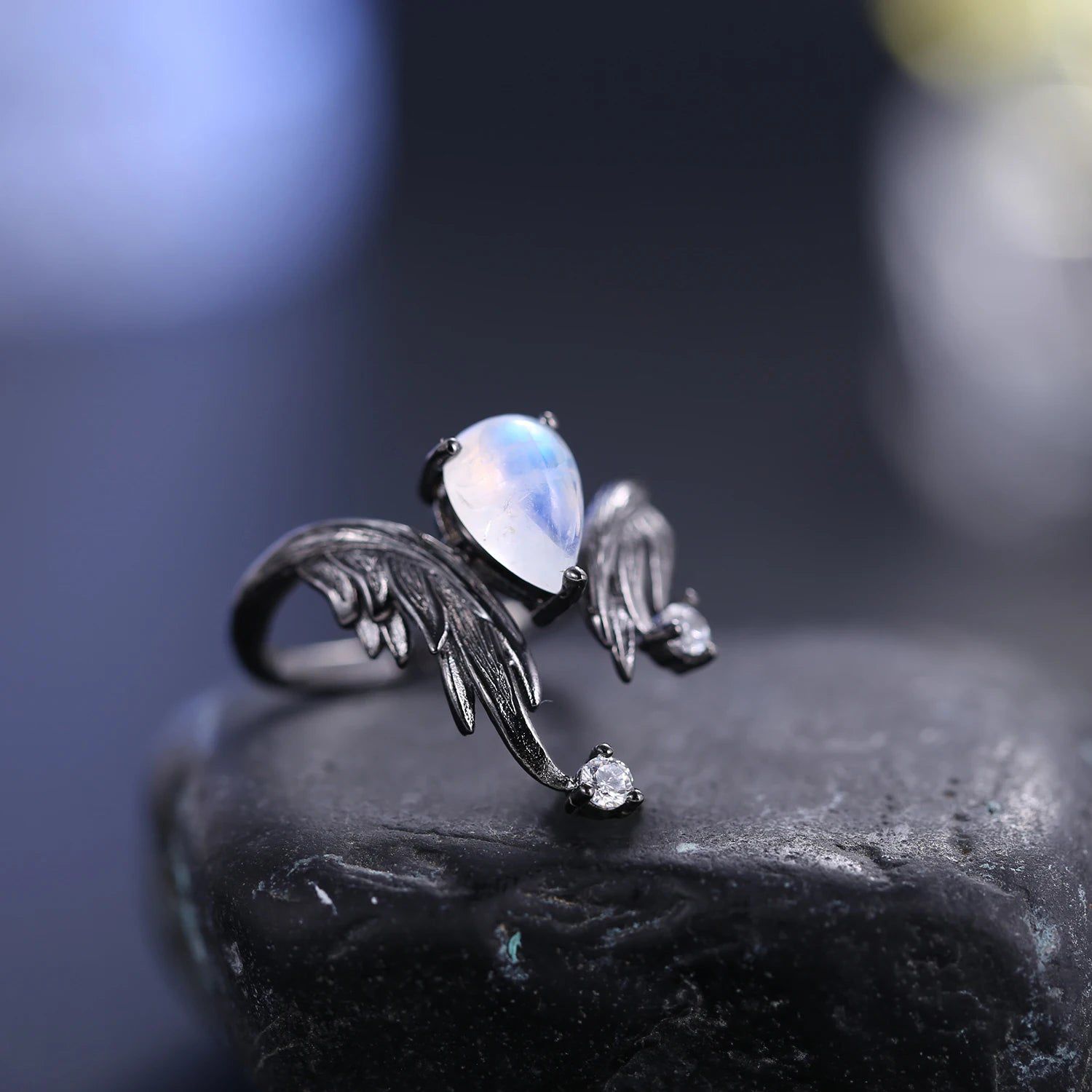 1.36Ct Milky Blue Moonstone Gemstone Ring 925 Silver Wing Ring