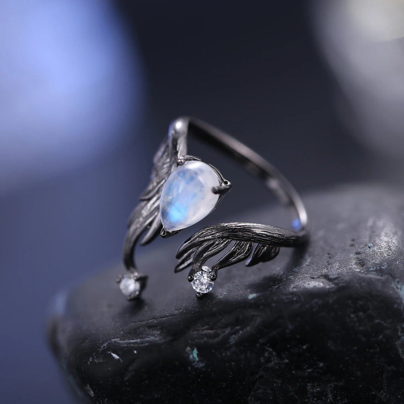 1.36Ct Milky Blue Moonstone Gemstone Ring 925 Silver Wing Ring