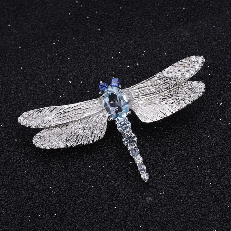 1.41Ct Natural Sky Blue Topaz Dragonfly Brooch 925 Silver