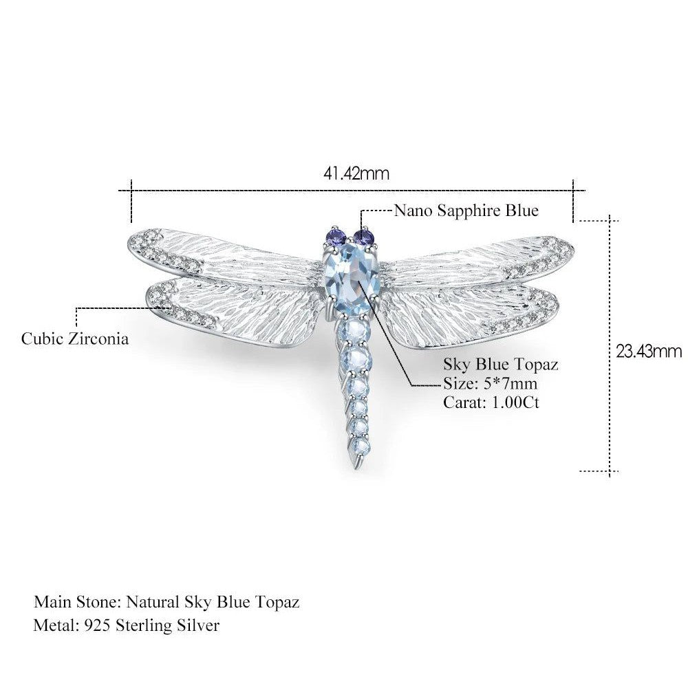 1.41Ct Natural Sky Blue Topaz Dragonfly Brooch 925 Silver