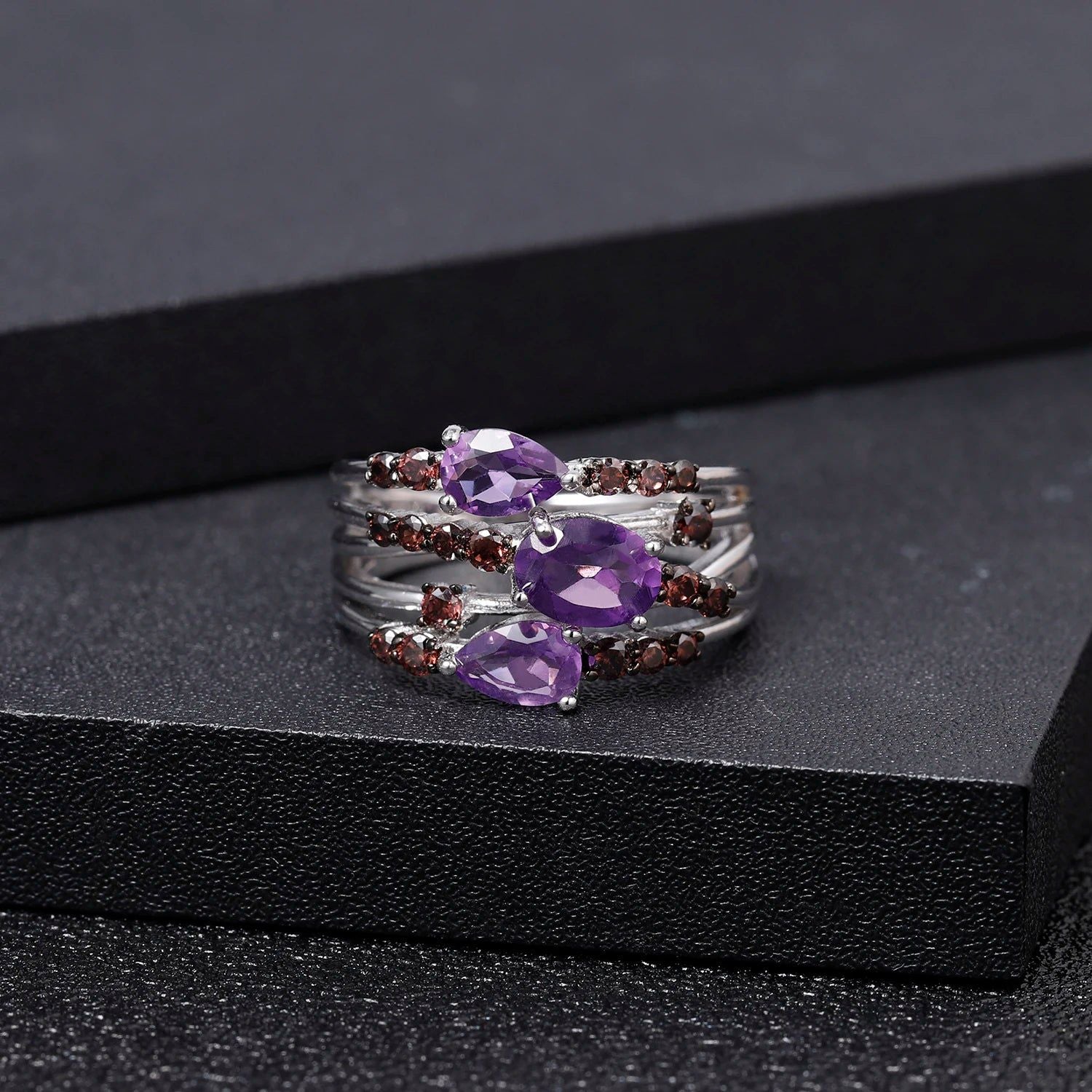 1.54Ct Natural Amethyst Three Stone Rings 925 Silver Ring