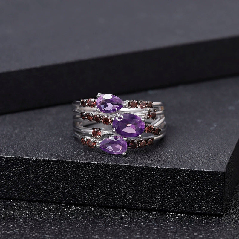 1.54Ct Natural Amethyst Three Stone Rings 925 Silver Ring