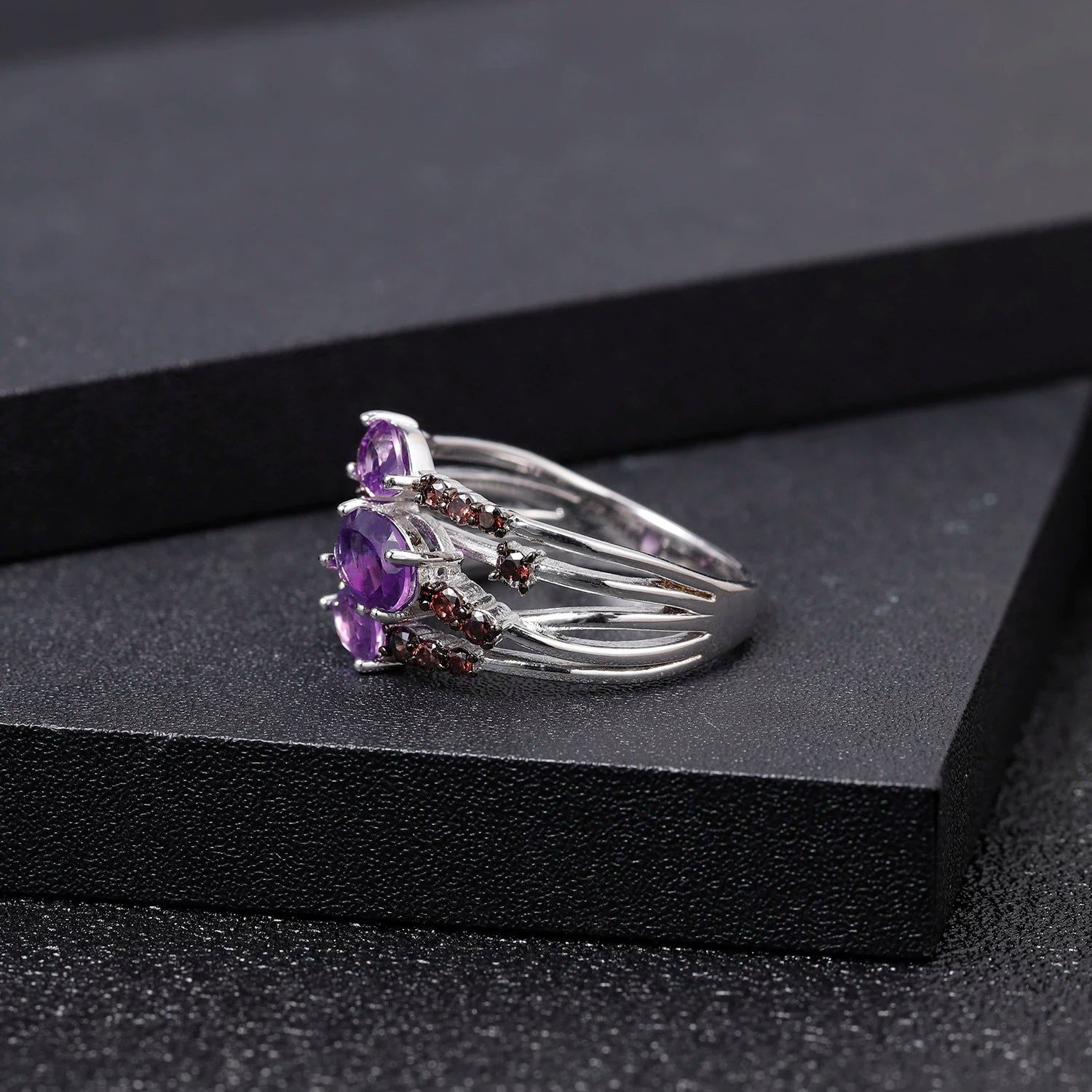 1.54Ct Natural Amethyst Three Stone Rings 925 Silver Ring