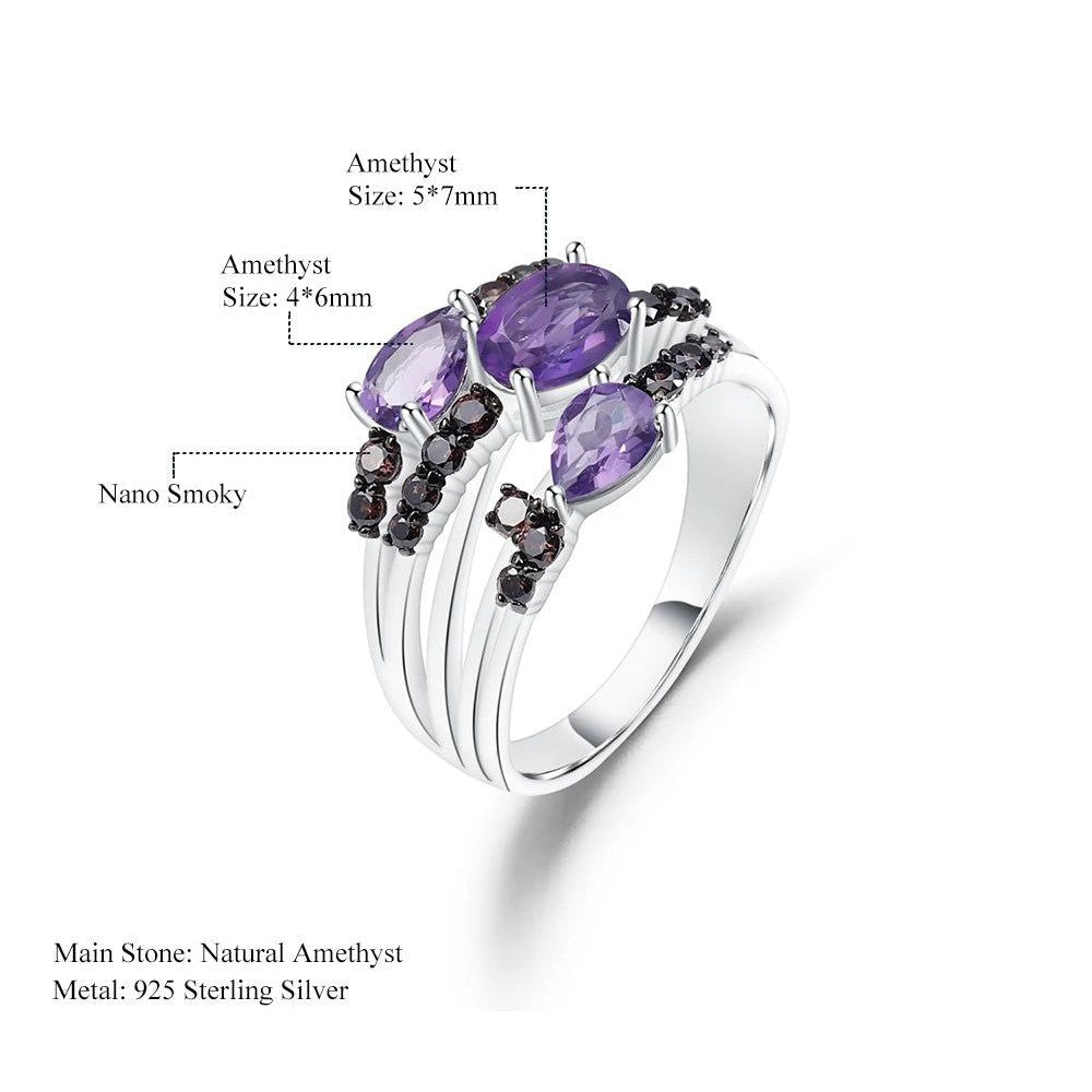 1.54Ct Natural Amethyst Three Stone Rings 925 Silver Ring