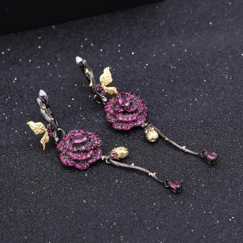 1.76Ct Natural Rhodolite Garnet Earrings 925 Silver Flower Earrings