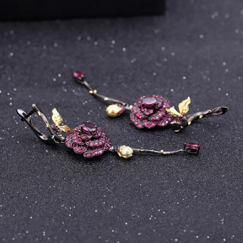 1.76Ct Natural Rhodolite Garnet Earrings 925 Silver Flower Earrings