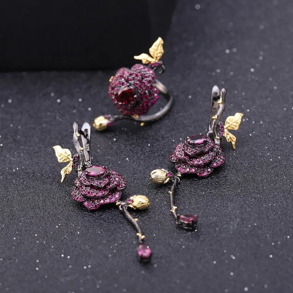 1.76Ct Natural Rhodolite Garnet Earrings 925 Silver Flower Earrings