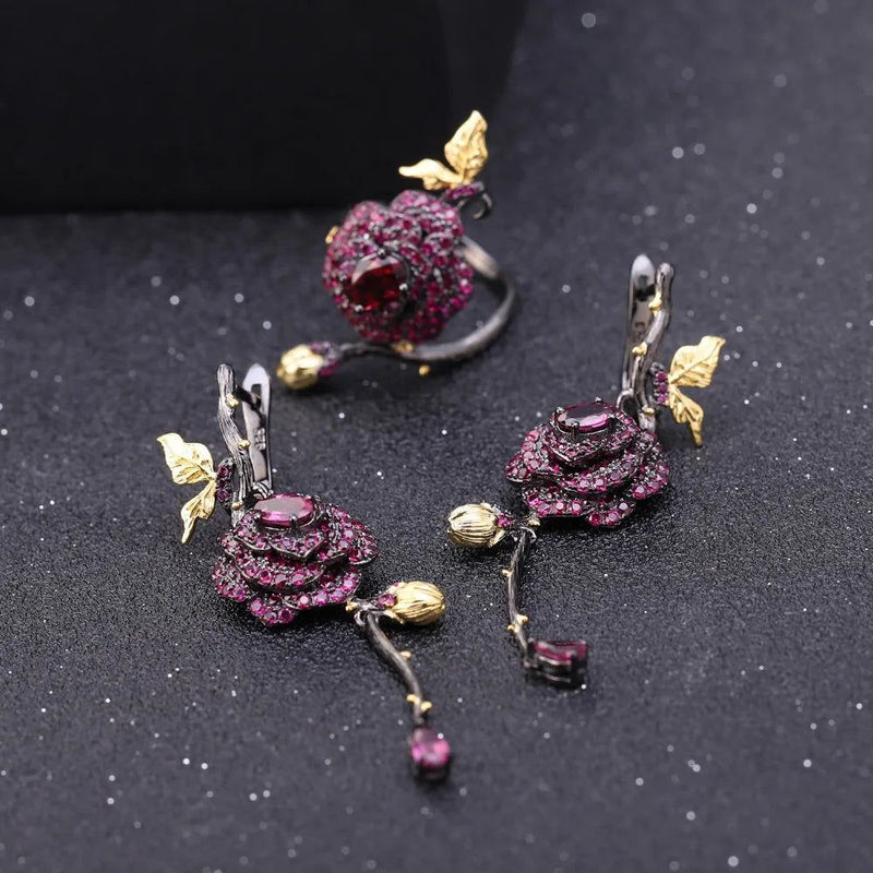 1.76Ct Natural Rhodolite Garnet Earrings 925 Silver Flower Earrings