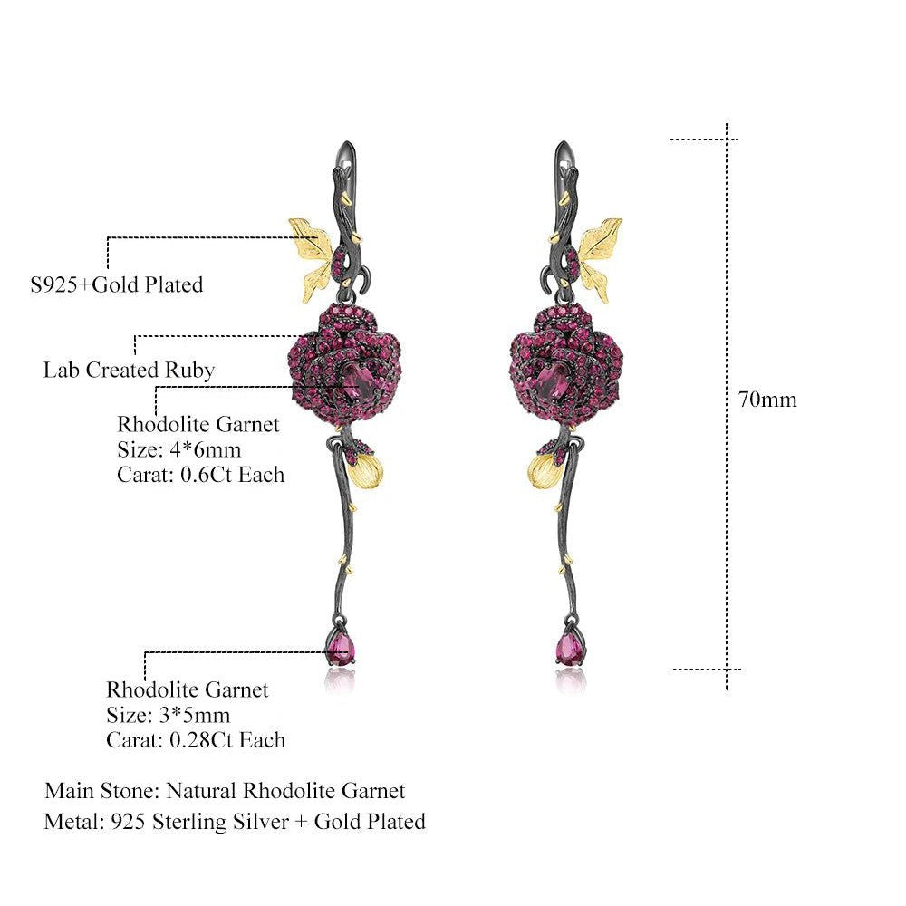 1.76Ct Natural Rhodolite Garnet Earrings 925 Silver Flower Earrings