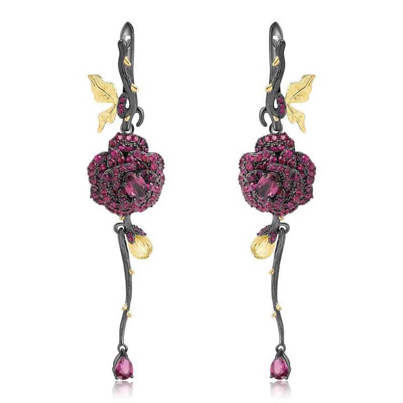 1.76Ct Natural Rhodolite Garnet Earrings 925 Silver Flower Earrings