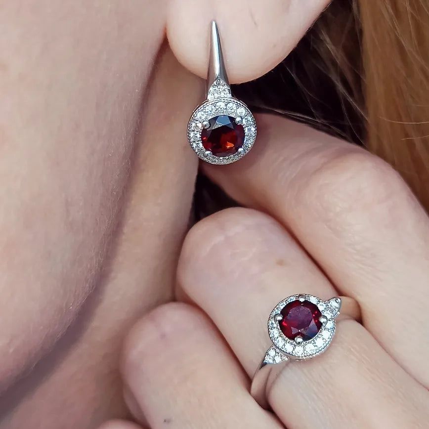 3.15Ct Natural Red Garnet Earrings Ring Set 925 Sterling Silver