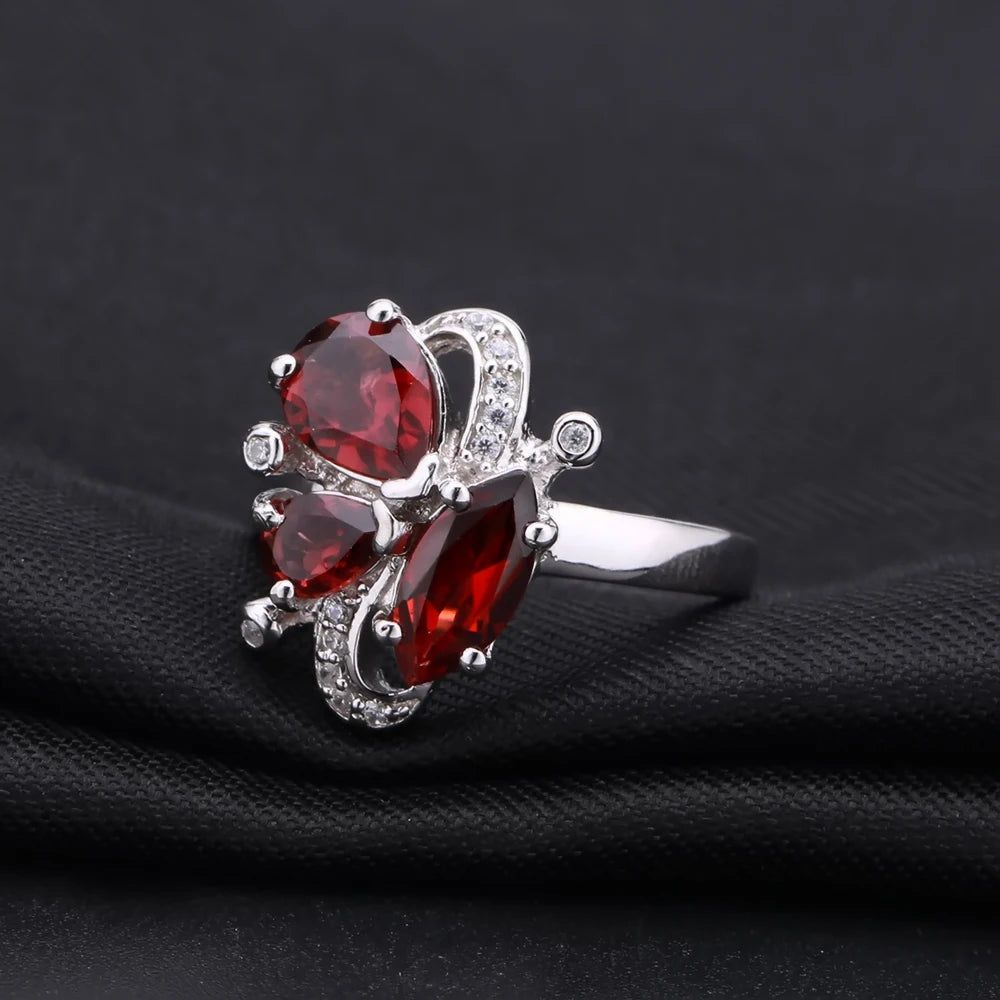 3.15Ct Natural Red Garnet Flower Ring 925 Silver