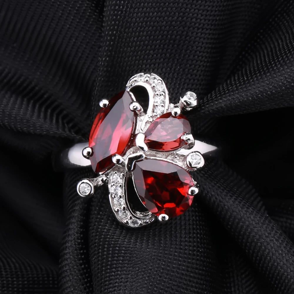 3.15Ct Natural Red Garnet Flower Ring 925 Silver