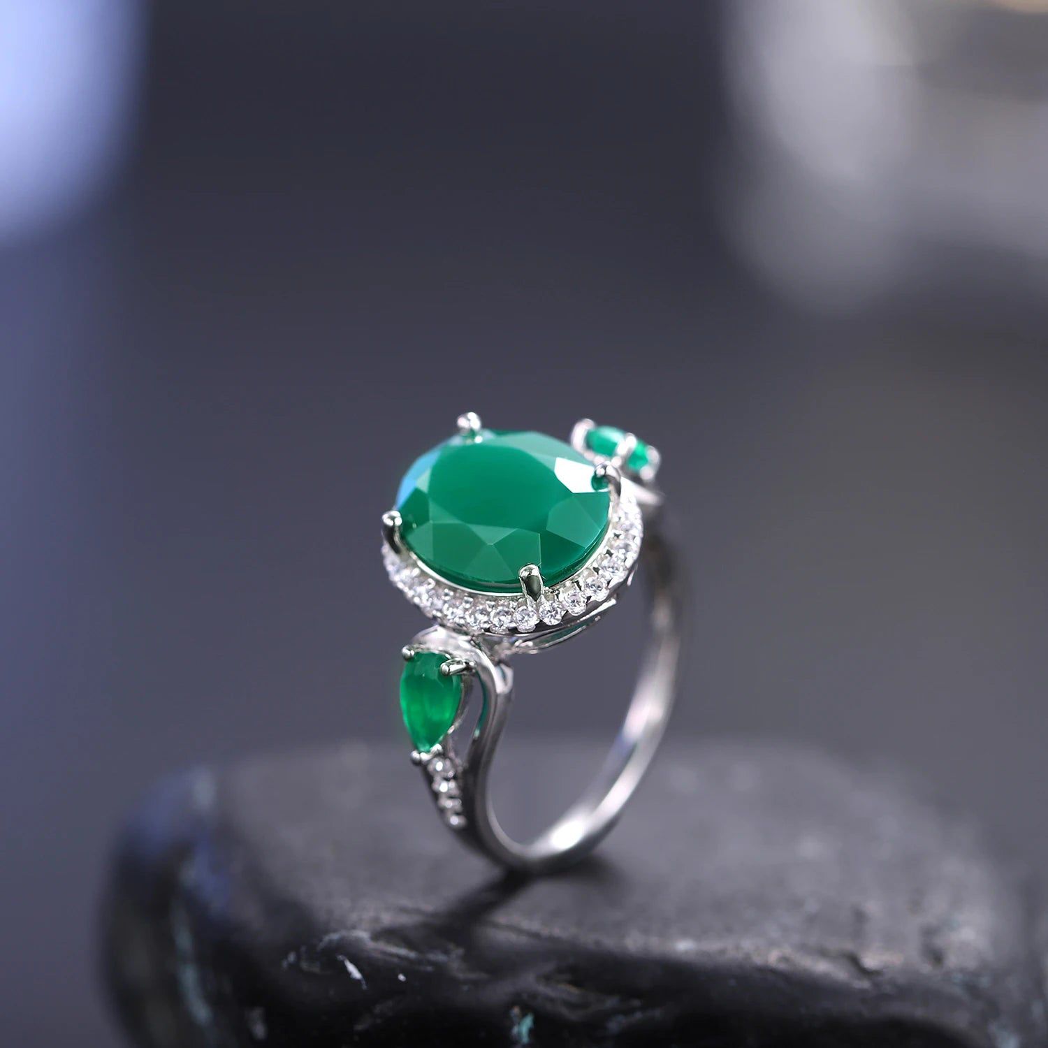 3.73Ct Natural Green Agate Ring 925 Silver