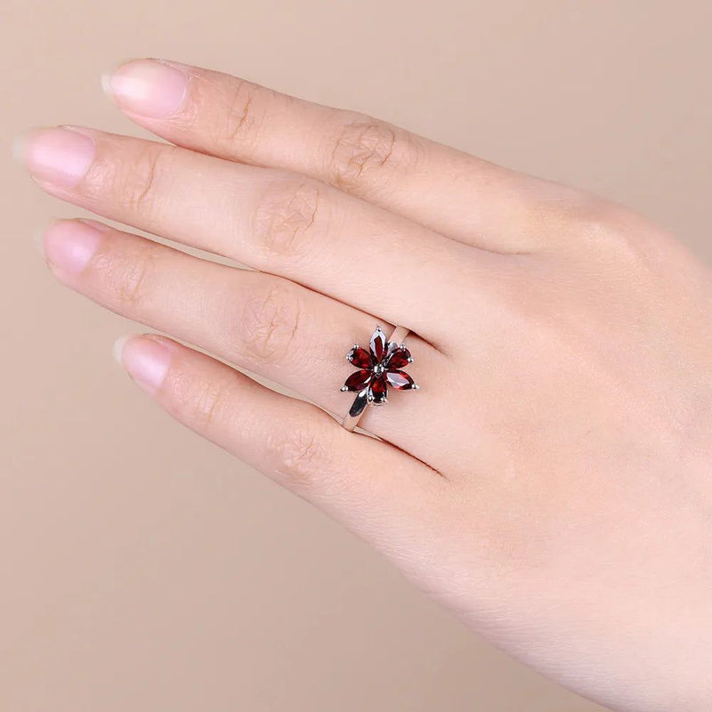 585 Gold Silver Ring Natural Garnet Flower Ring