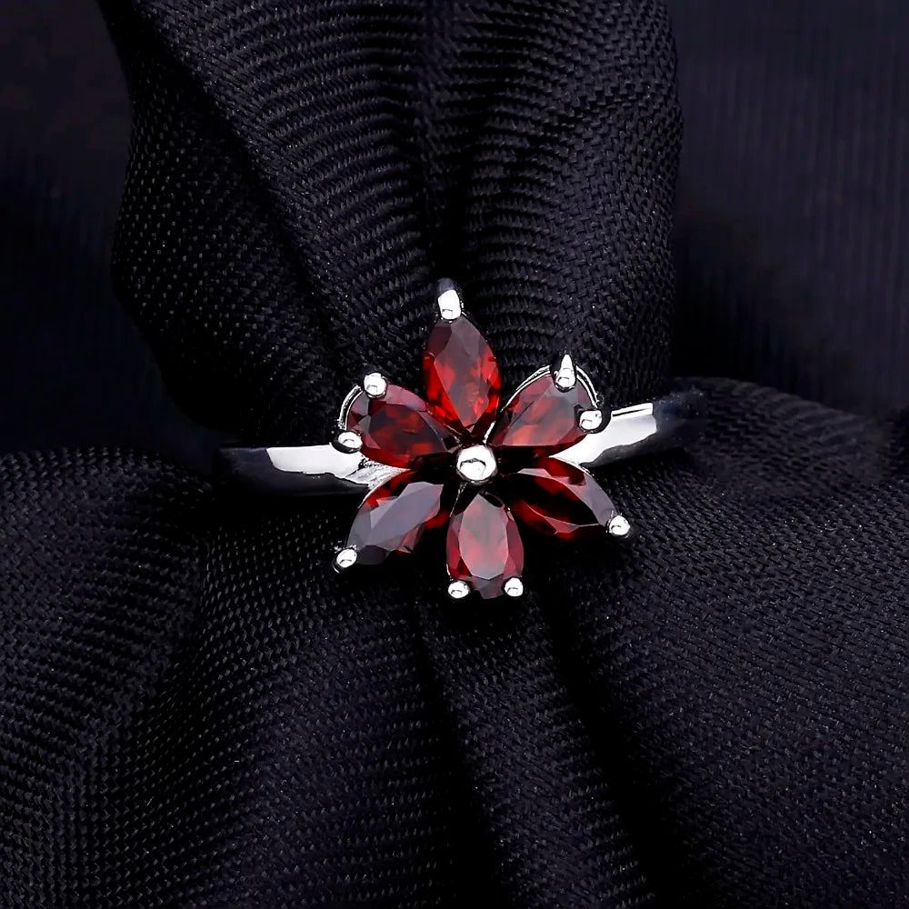 585 Gold Silver Ring Natural Garnet Flower Ring