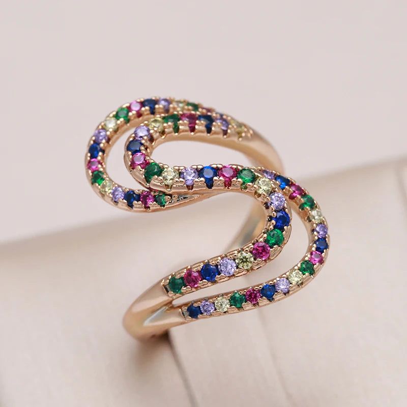 585 Rose Gold Geometric Wave Rainbow Zircon Cocktail Ring Jewelry