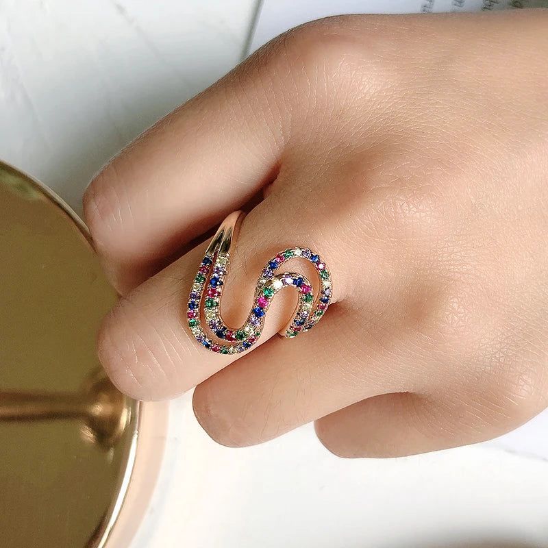 585 Rose Gold Geometric Wave Rainbow Zircon Cocktail Ring Jewelry