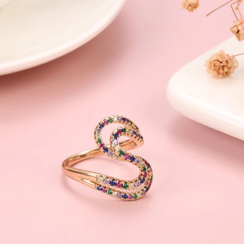 585 Rose Gold Geometric Wave Rainbow Zircon Cocktail Ring Jewelry