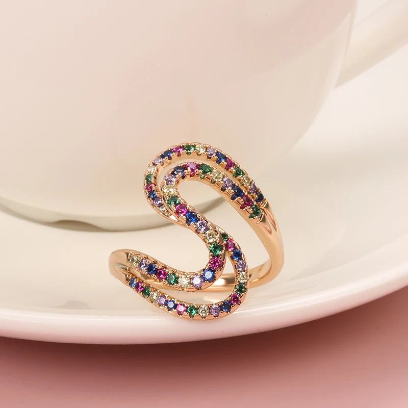 585 Rose Gold Geometric Wave Rainbow Zircon Cocktail Ring Jewelry