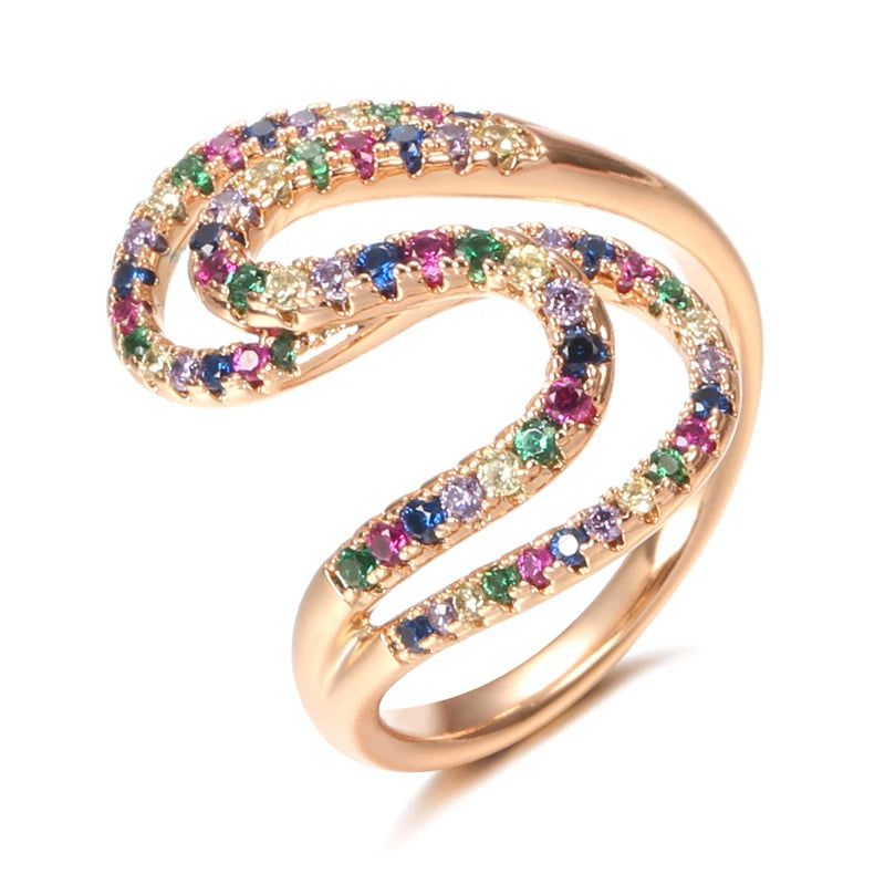 585 Rose Gold Geometric Wave Rainbow Zircon Cocktail Ring Jewelry