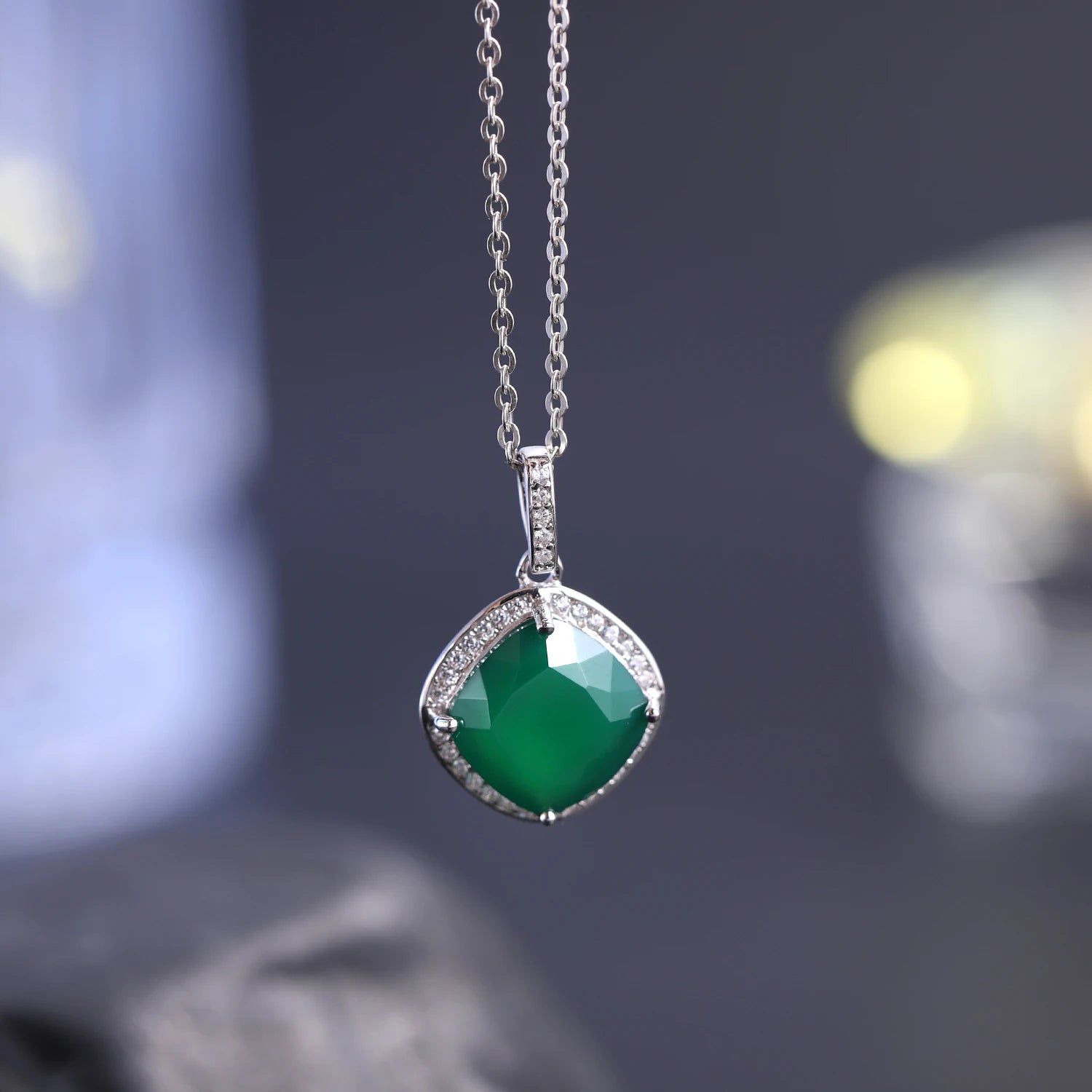 5.22ct Square Cut Natural Green Agate Pendant Necklace