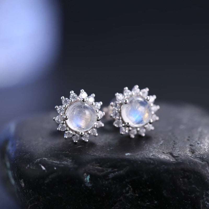 5mm Natural Rainbow Moonstone Halo Studs Earrings in 925 Sterling Silver