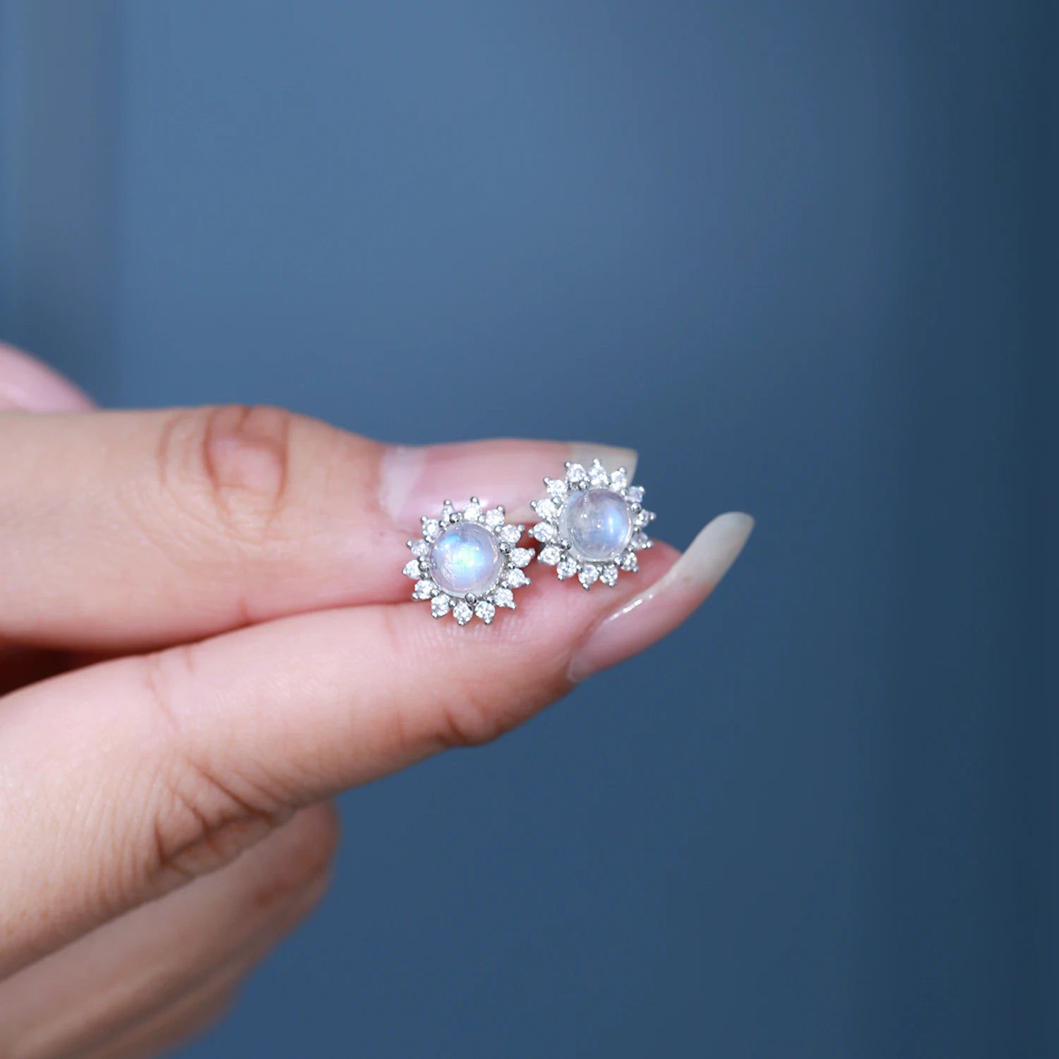 5mm Natural Rainbow Moonstone Halo Studs Earrings in 925 Sterling Silver