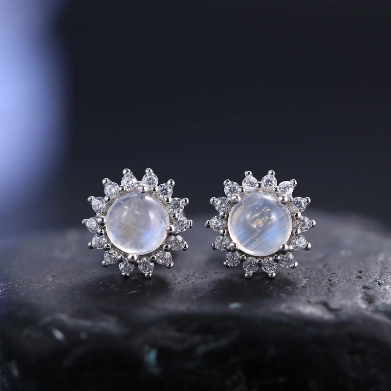 5mm Natural Rainbow Moonstone Halo Studs Earrings in 925 Sterling Silver