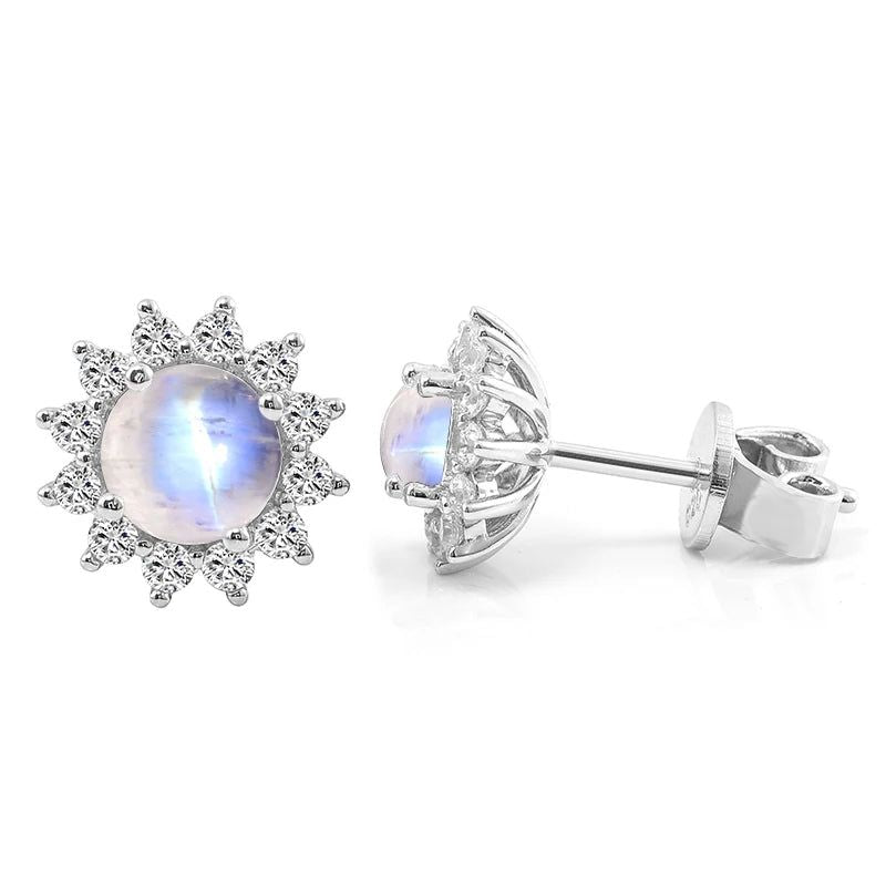 5mm Natural Rainbow Moonstone Halo Studs Earrings in 925 Sterling Silver