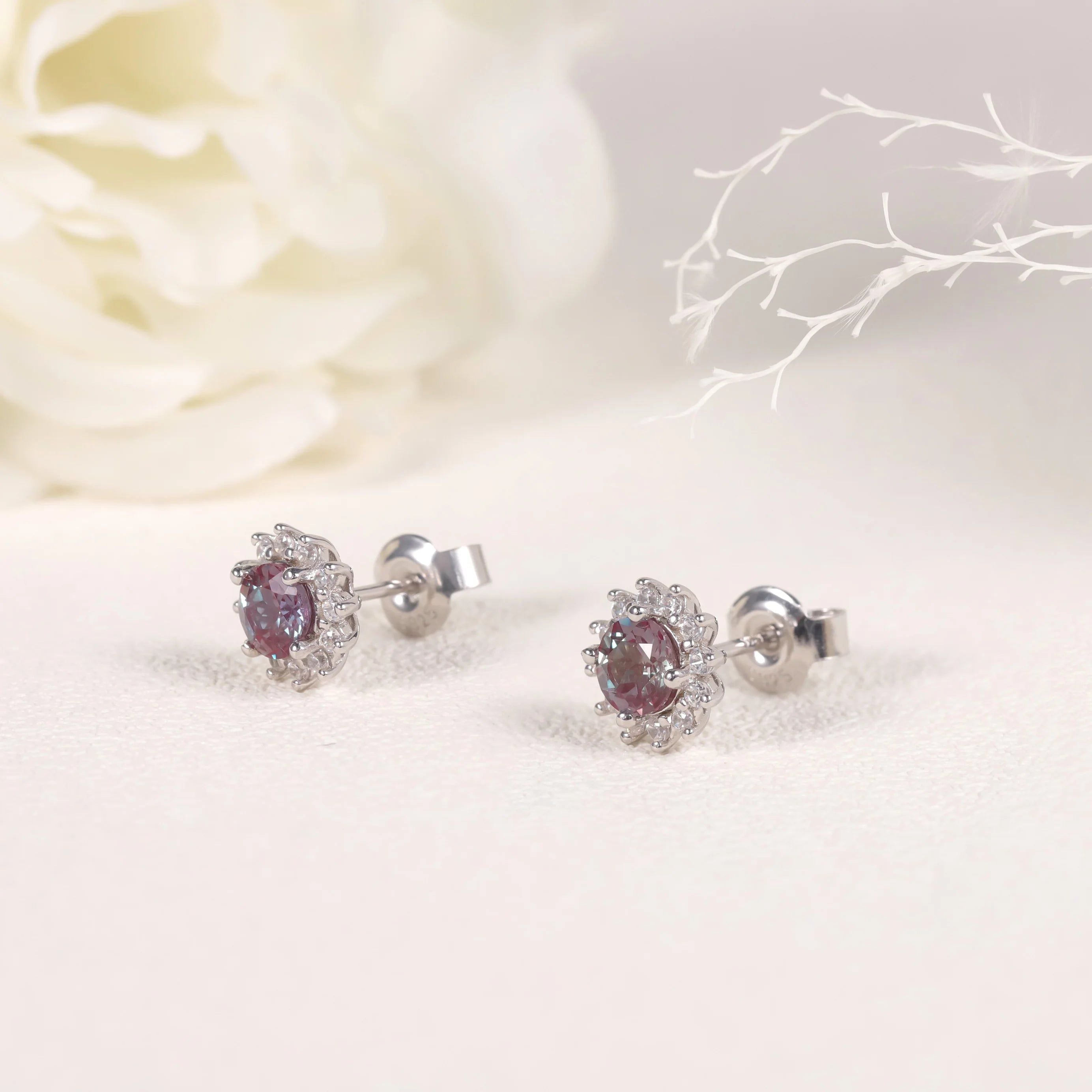 5mm Round Color Changing Alexandrite Halo Stud Earrings