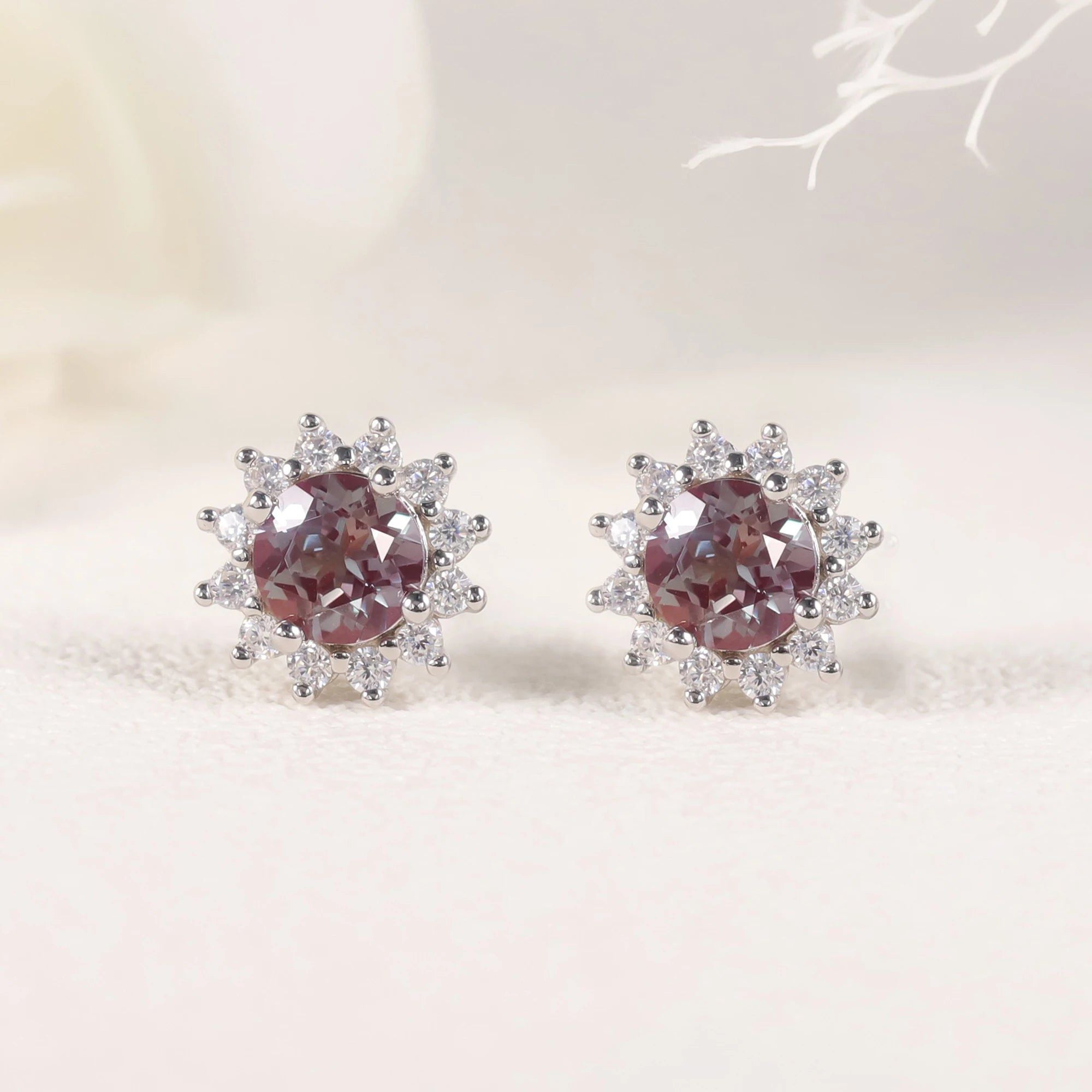 5mm Round Color Changing Alexandrite Halo Stud Earrings