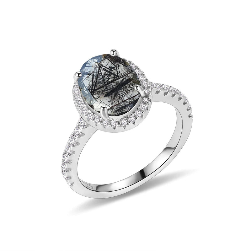 6X8mm Oval Black Rutilated Quartz Ring in 925 Silver For Her