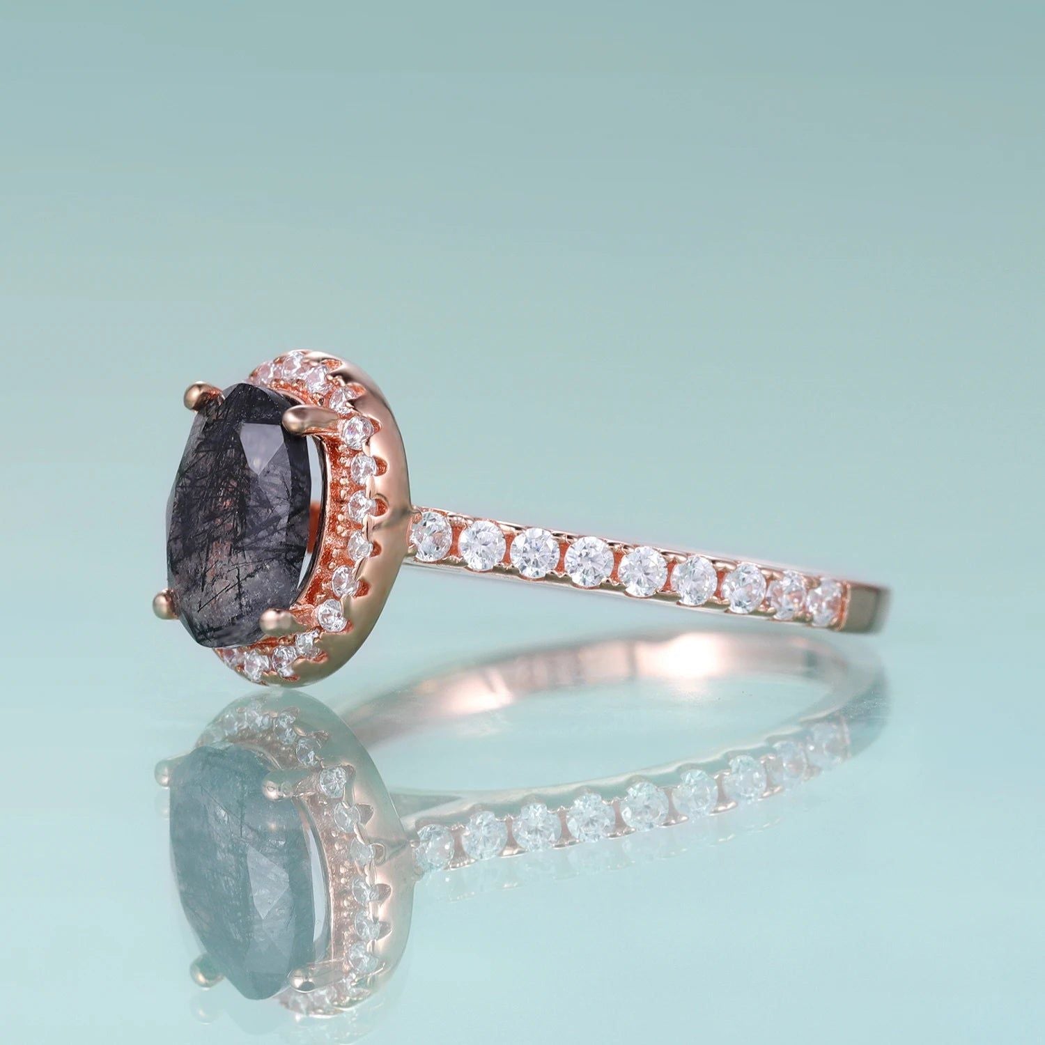 6X8mm Oval Black Rutilated Quartz Ring in 925 Silver For Her