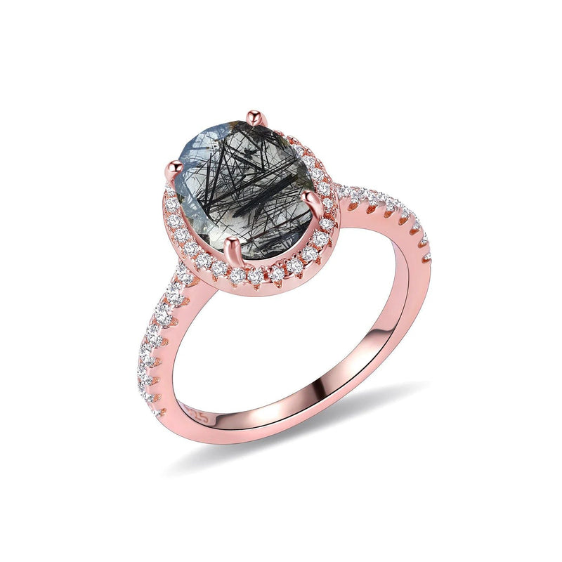 6X8mm Oval Black Rutilated Quartz Ring in 925 Silver For Her