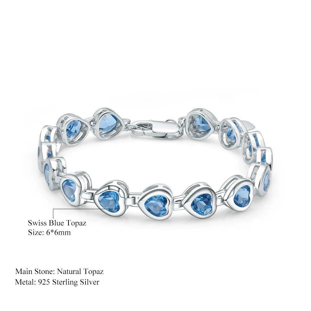 6x6mm Heart Swiss Blue Topaz Bracelet 925 Sterling Silver