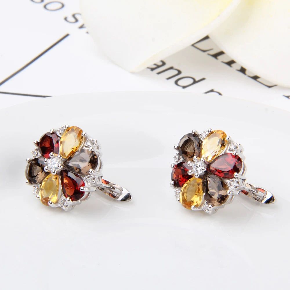 7.72ct Citrine Garnet Smoky Quartz Real 925 Silver Flower Jewelry