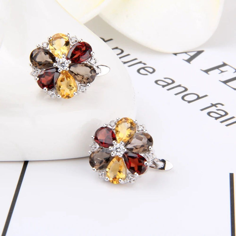 7.72ct Citrine Garnet Smoky Quartz Real 925 Silver Flower Jewelry