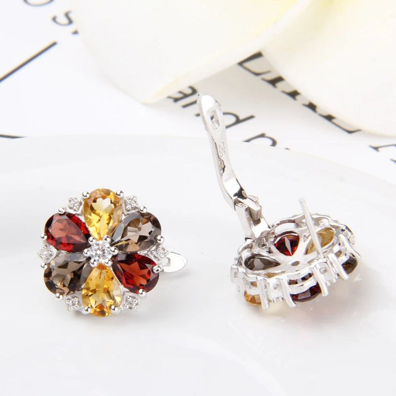 7.72ct Citrine Garnet Smoky Quartz Real 925 Silver Flower Jewelry