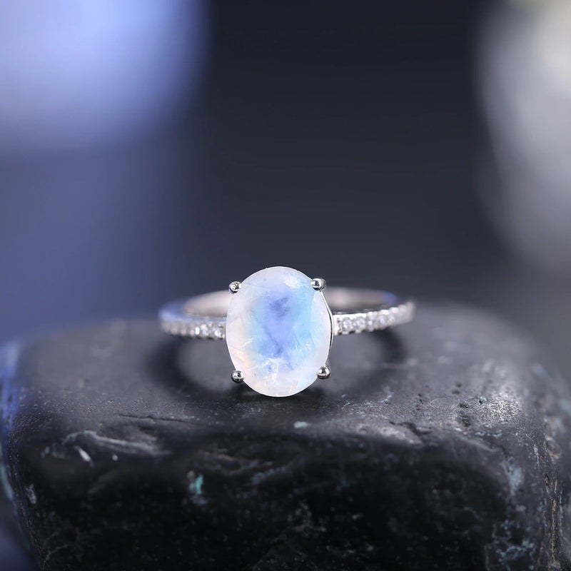 8X10mm Vintage Milky Blue Moonstone Ring in 925 Silver