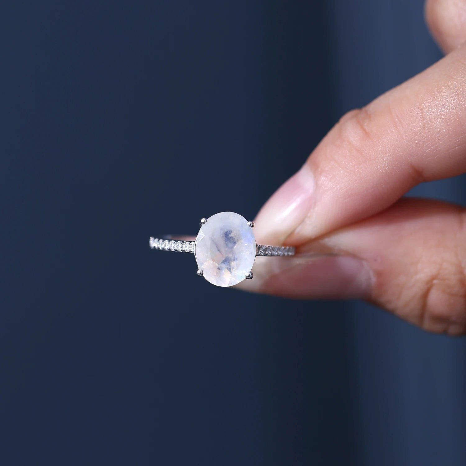 8X10mm Vintage Milky Blue Moonstone Ring in 925 Silver