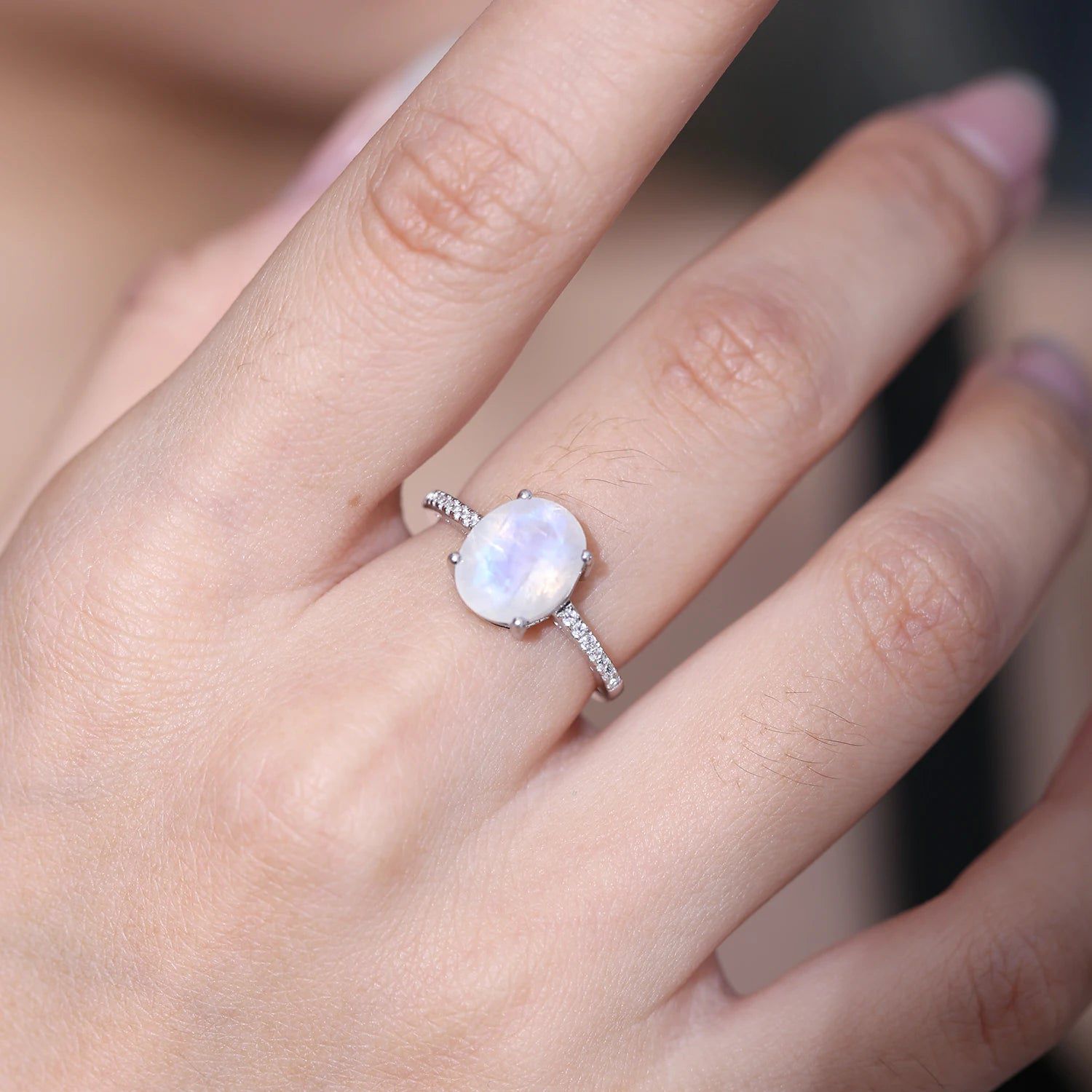 8X10mm Vintage Milky Blue Moonstone Ring in 925 Silver