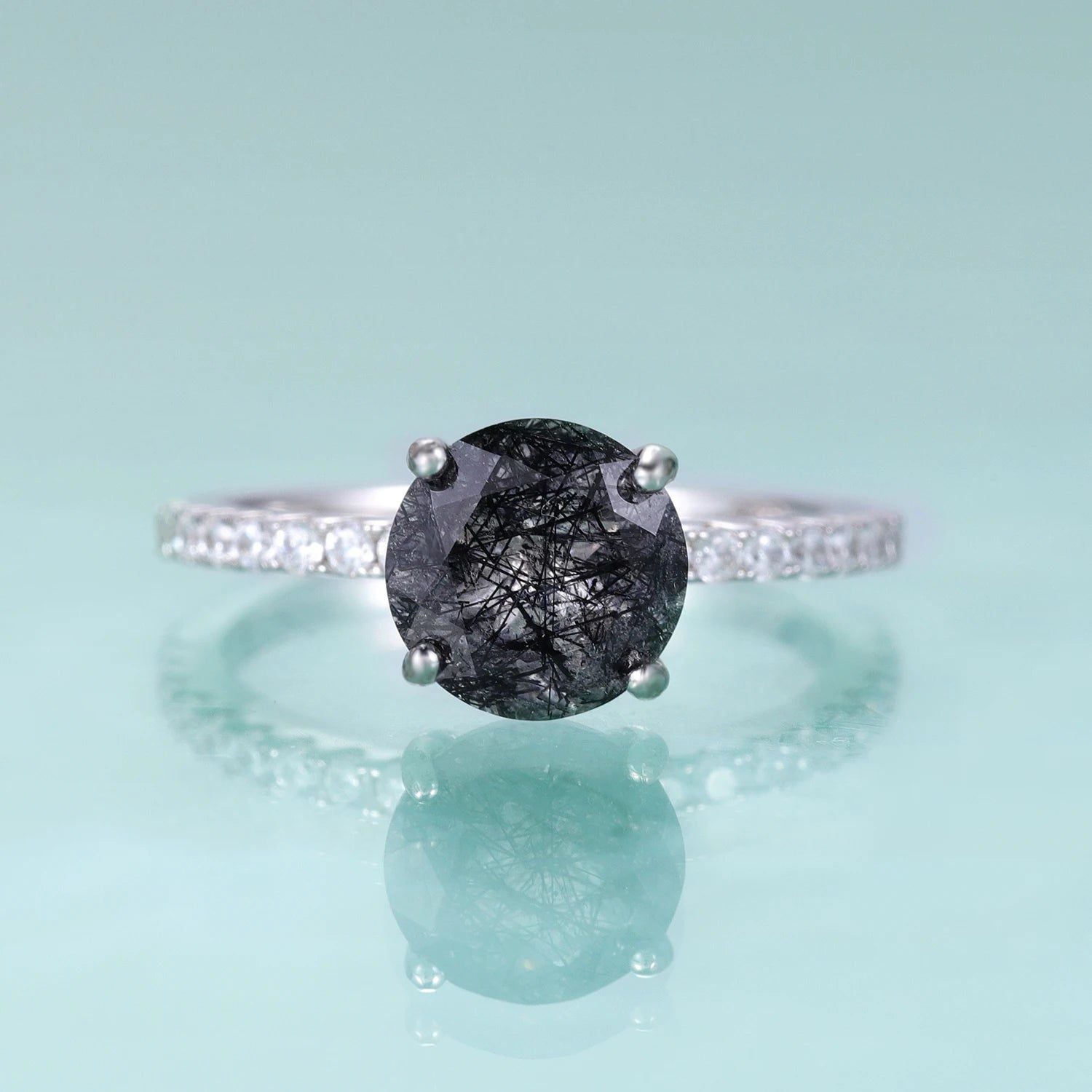 8mm Round Black Rutilated Quart Gemstone Ring 925 Silver