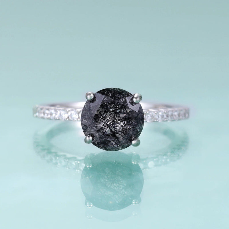 8mm Round Black Rutilated Quart Gemstone Ring 925 Silver