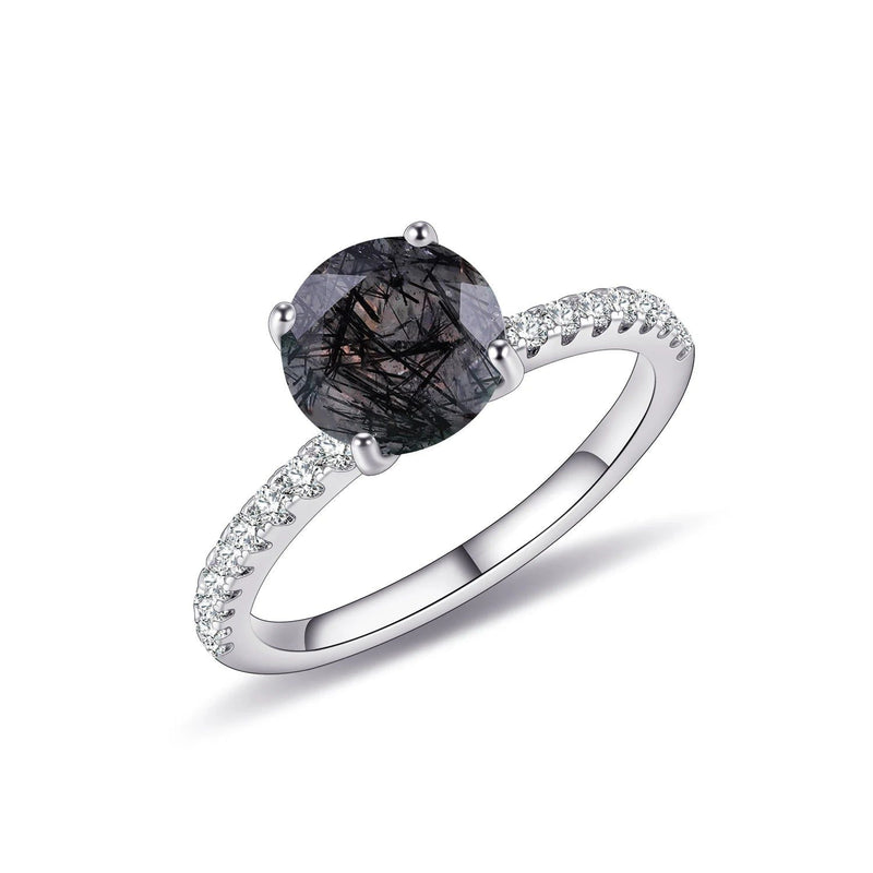 8mm Round Black Rutilated Quart Gemstone Ring 925 Silver